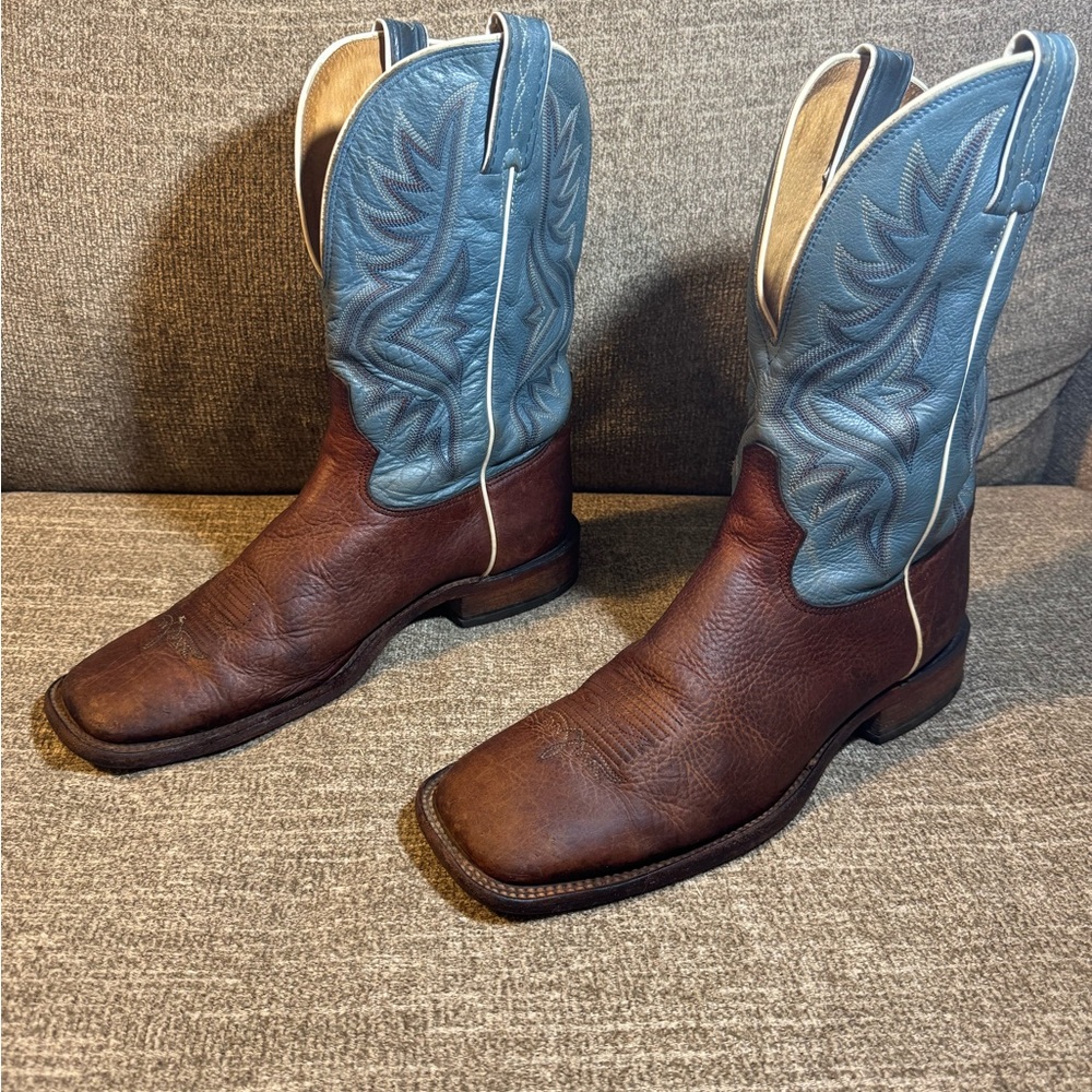 Tony Lama 7955 Men’s Western Brown and Blue Square Toe Boots Size 9.5 - Picture 2 of 9